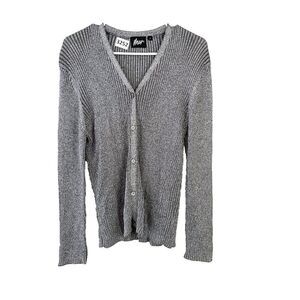 Mar Women Silver Metallic Cardigan Sweater Large Ribbed Knit Button Long Sleeve